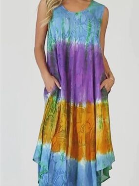 Sleeveless Multicolor Tie-Dye Midi Dress with Pockets